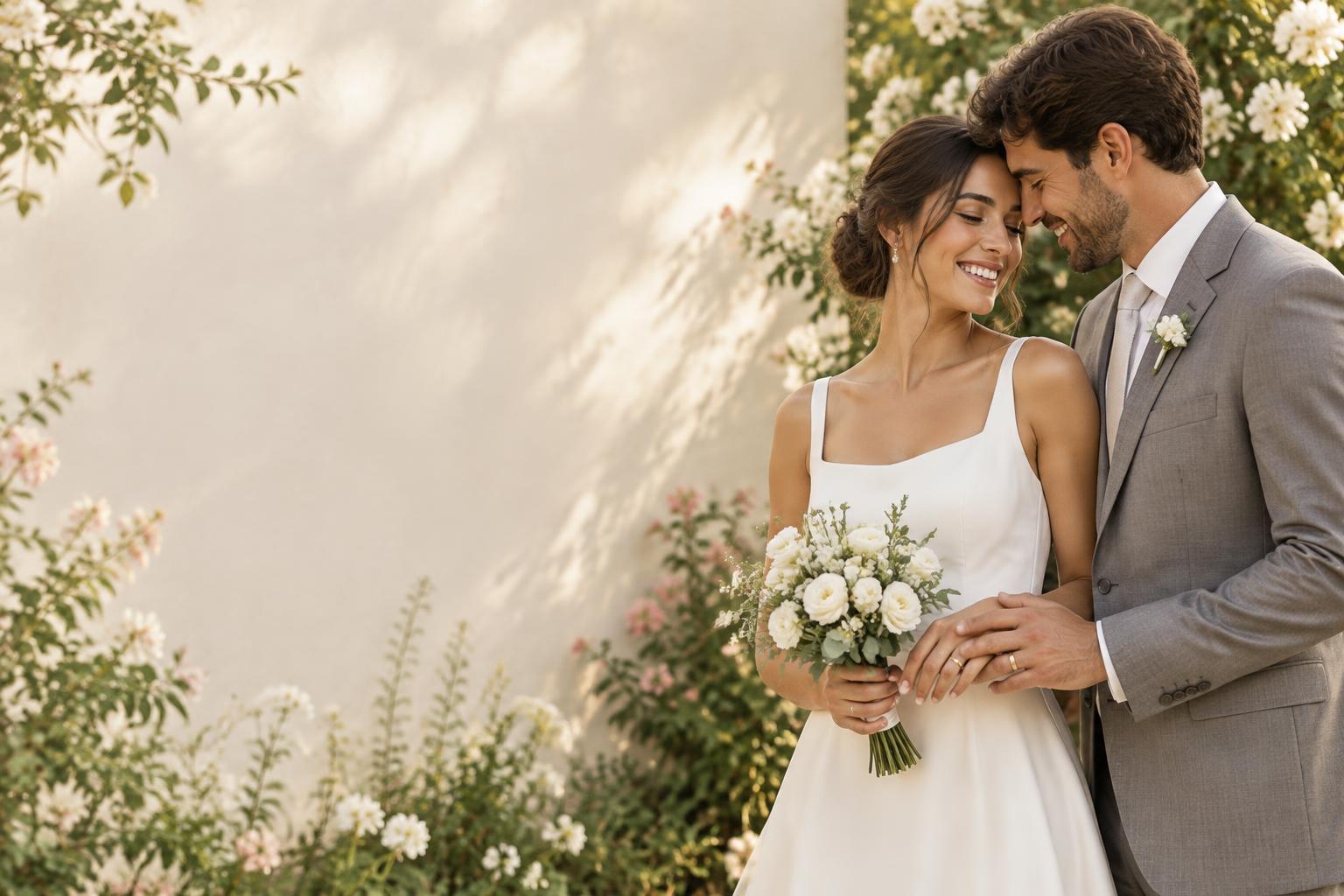 Casal de noivos em um jardim florido usando alianças de ouro, imagem ilustrativa